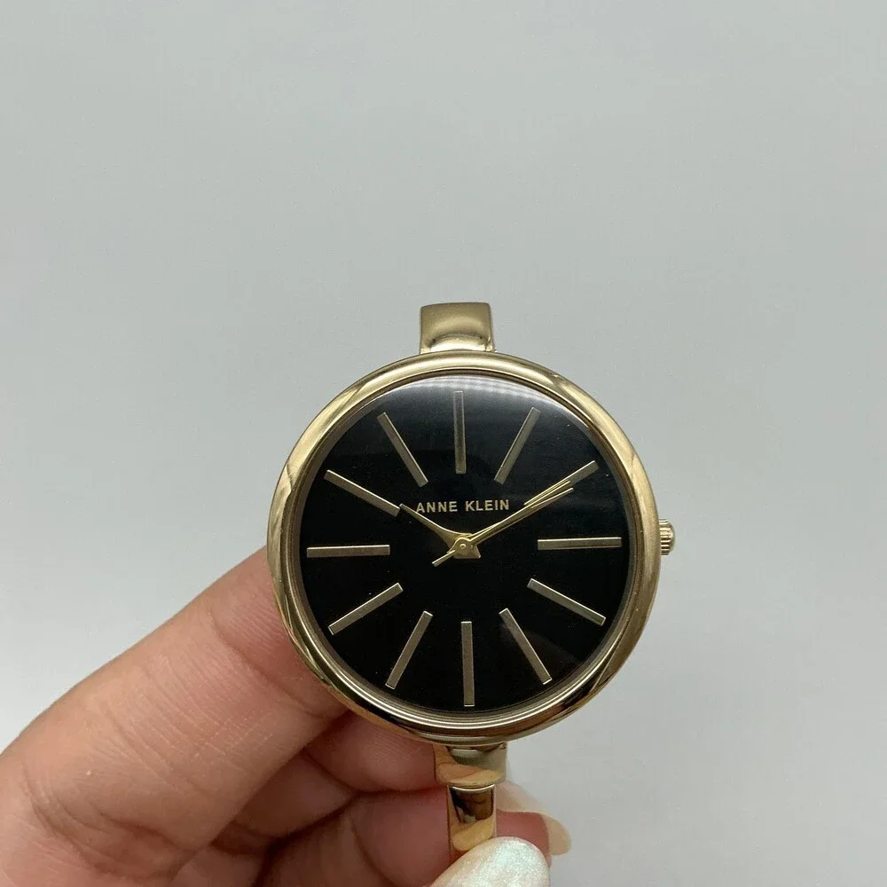 Anne Klein Womens Watch 32mm Black Dial Gold Tone Bangle New Battery 6.75